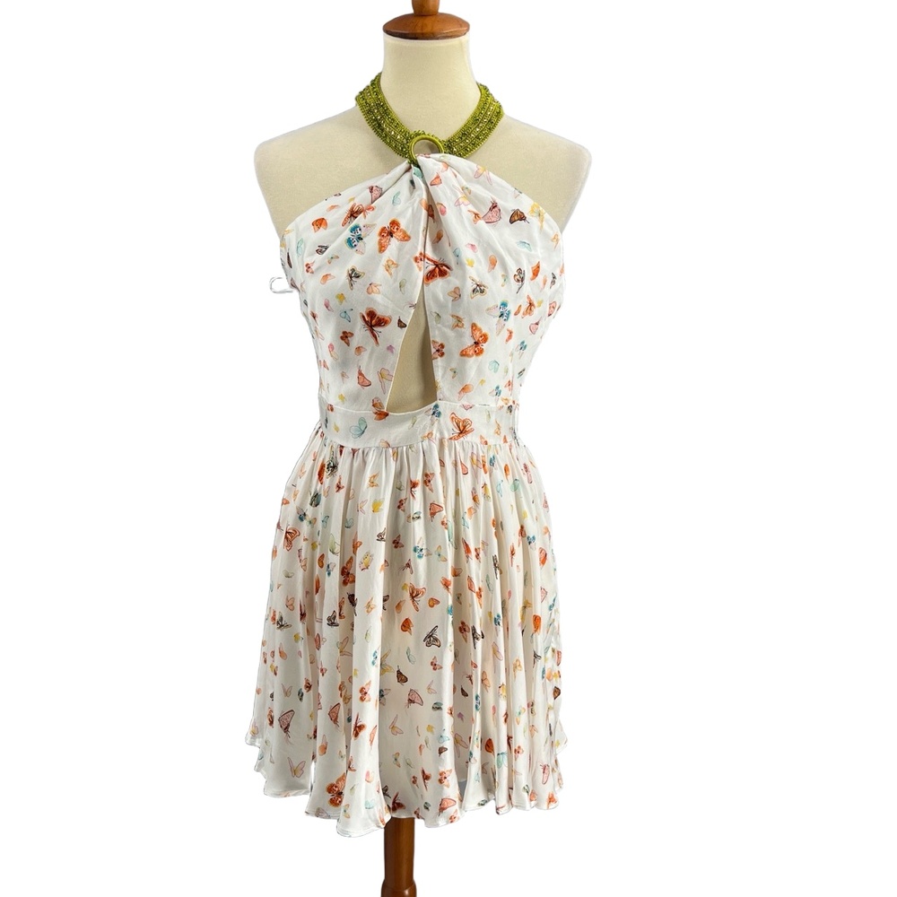 My Beachy Side Mini Dress Butterfly Halter‎ Cutout Front Beaded Neck White M New